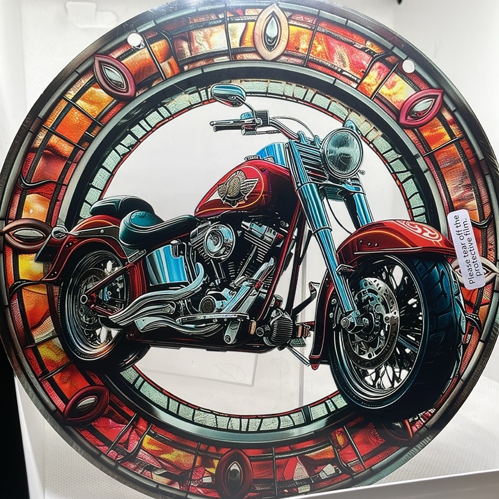 Suncatcher Acrylic Motorcycle Round Faux Stained Glass Fathers Day Gift